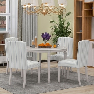 5 Piece Dining Table Set, Modern Kitchen Tables with Solid Wood Legs & 4 Upholstered Chairs with Striped Fabric for Dining Room