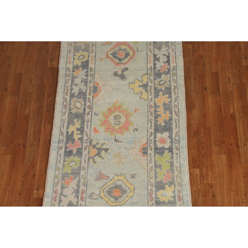 Hand Knotted Oriental 100% Wool Carpet Transitional Floral Navy Blue & Blues Oushak Runner Rug - 10' 9'' X 2' 11''