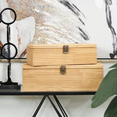 Light Brown Wood Carved Linear Box (Set of 2)