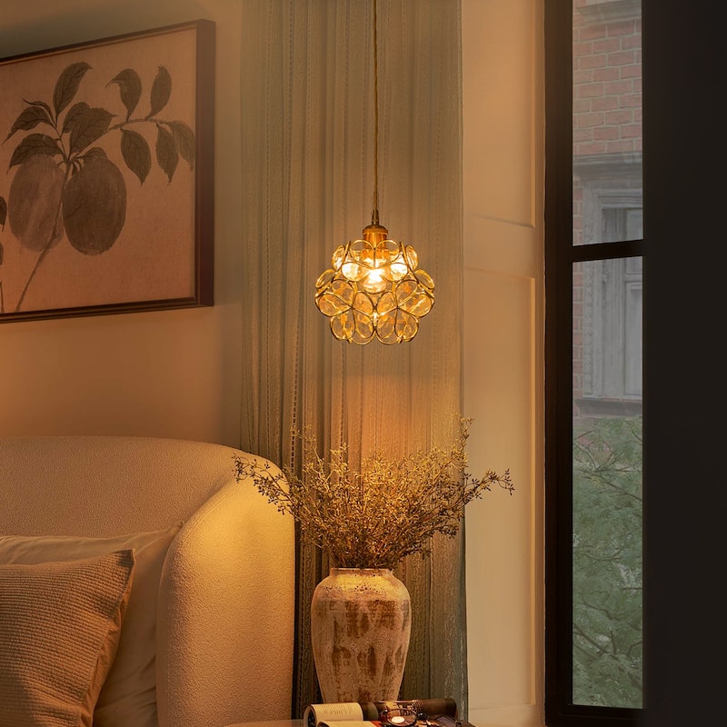 Rennnsan 1-Light Mid-Century Brass Glass Flower Pendant Light Vintage Floral Ceiling Light for Dining Room Kitchen Island