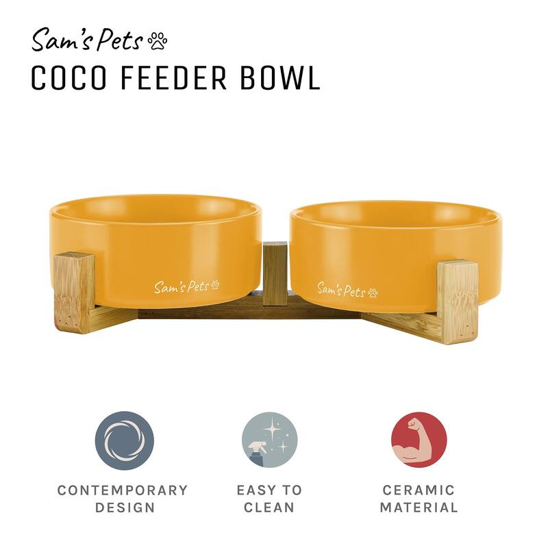 Coco Dual Pet Bowl with Wood Stand 5.11'' in Yellow - 10.8