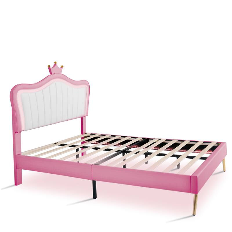 Modern Crown Headboard Upholstered Bed Frame with LED Lights