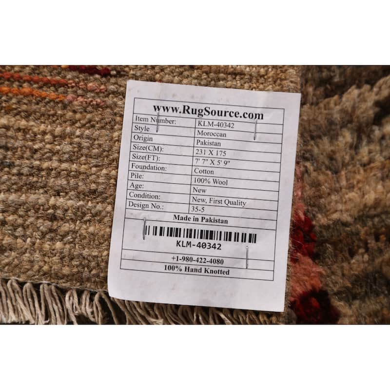 Geometric Moroccan Oriental Area Rug Handmade Brown Wool Carpet - 5'9" x 7'7"