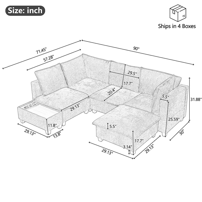90" U-shaped Sofa with Ottoman and Hidden Charging Coffee Table, Grey Chenille
