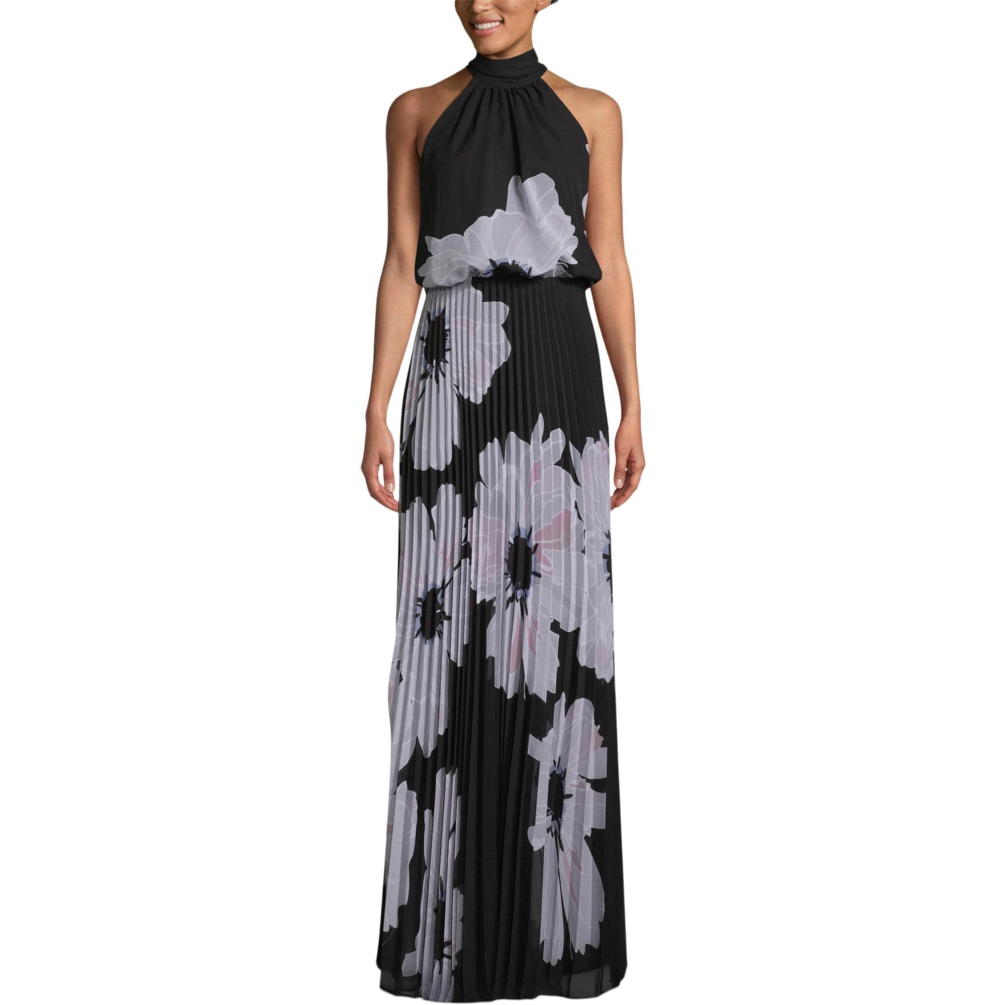 betsy and adam pleated floral gown