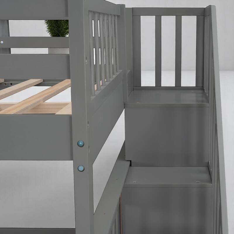 Full Over Full Bunk Bed with Storage Staircase and Shelves, Convertible Design, No Box Spring Needed,kid beds