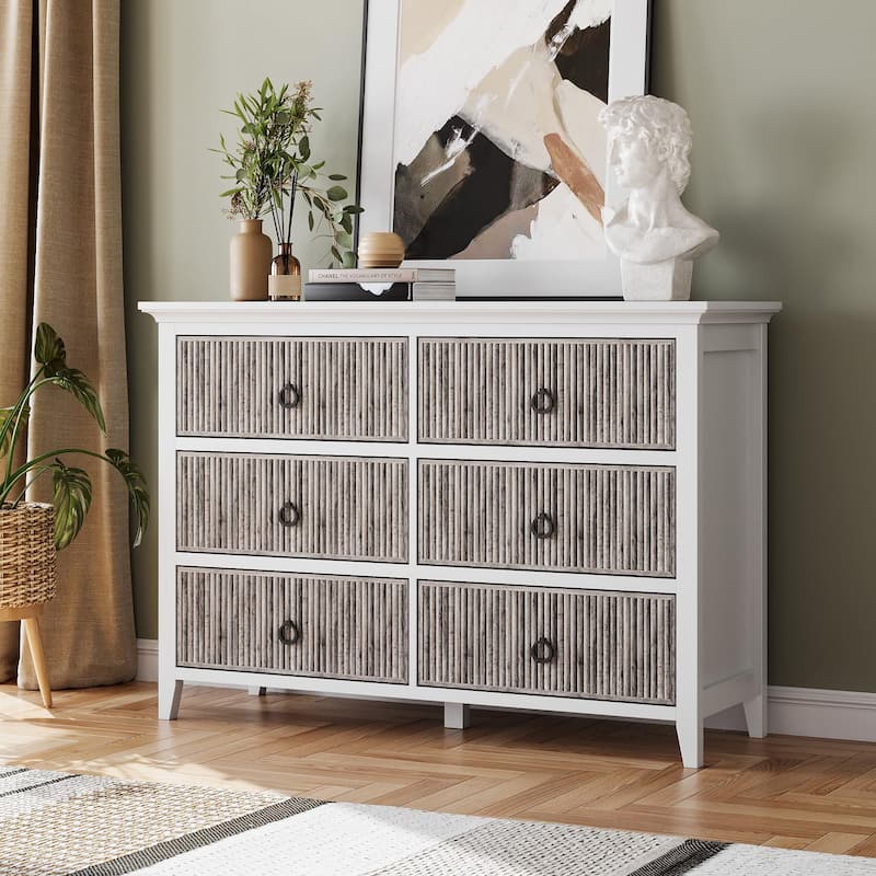 Fluted 6 Drawer Dresser for Bedroom, 47" Wide Modern Wooden Chest with Wavy Panel & Metal Handles - Gray