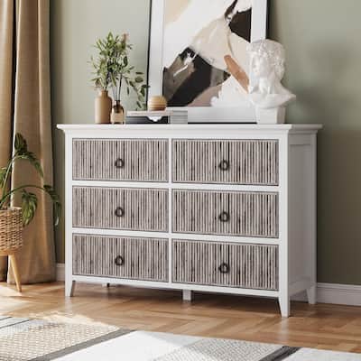 Fluted 6 Drawer Dresser for Bedroom, 47" Wide Modern Wooden Chest with Wavy Panel & Metal Handles