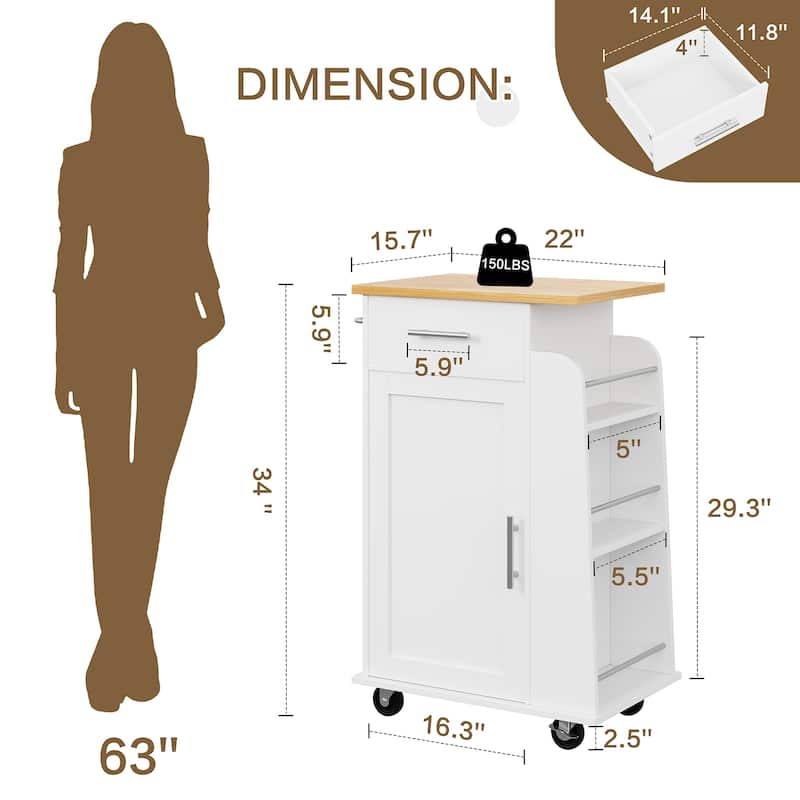 Rolling Kitchen Island with Storage Cabinet & Spice Rack & Drawer – Rubber Wood Top