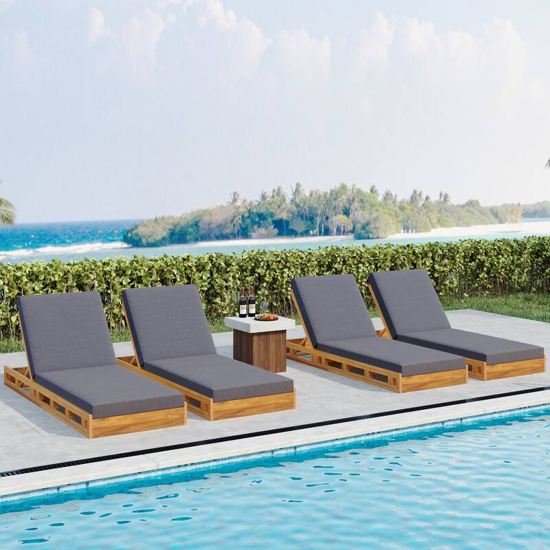 Roomfitters Outdoor Acacia Wood Chaise Lounge with 4 Inch Thick Water-Resistant Cushions Teak Finish