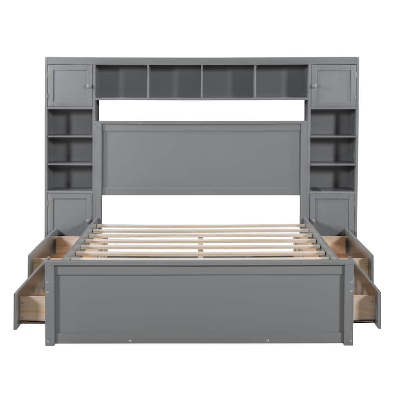 Grey Wooden Queen Size Bed With Integrated Storage Cabinet, Shelf, and Drawers, USB Ports