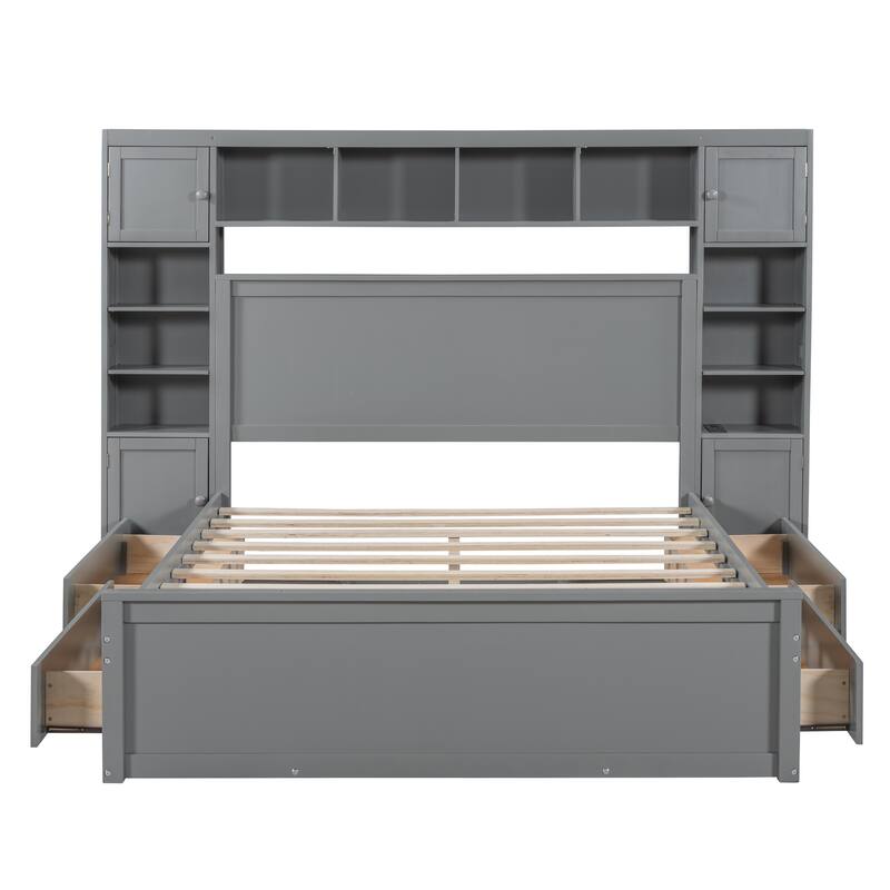 Wood Platform Bed with All-in-One Cabinet and Shelf, Slat Support Bed Frame, Storage Headboard with 10 Shelf Cubes & 4 Cabinets