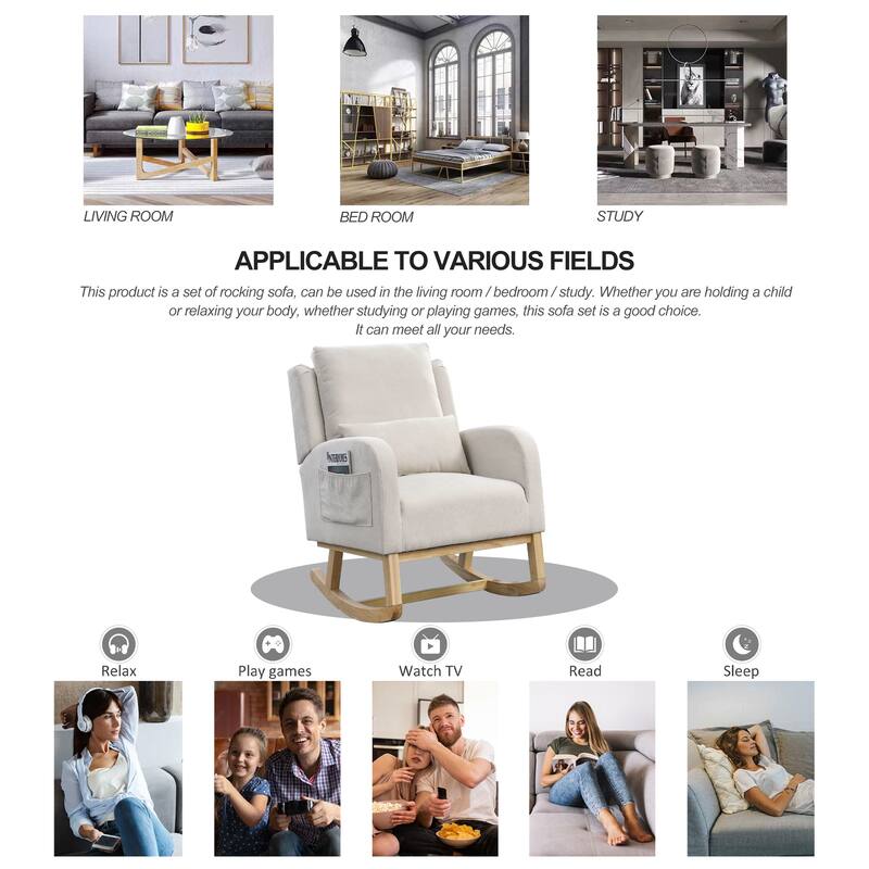 Beige Modern 27.5" High Back Upholstered Rocking Chair with Lumbar Pillow and Two Side Pockets
