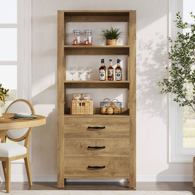 Modern 4-tier Tall Bookcase with Drawers and Open Display Shelf - 13.78" D x 31.5" W x 70.9" H