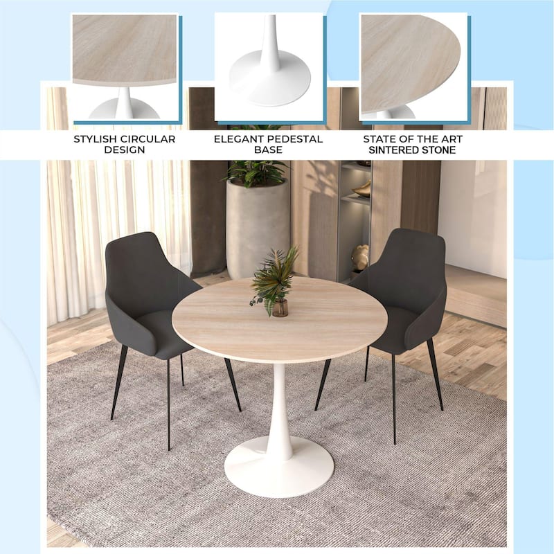 Bristol Round Dining Table for 4, 35" Sintered Stone Tabletop with White Stainless Steel Pedestal Base