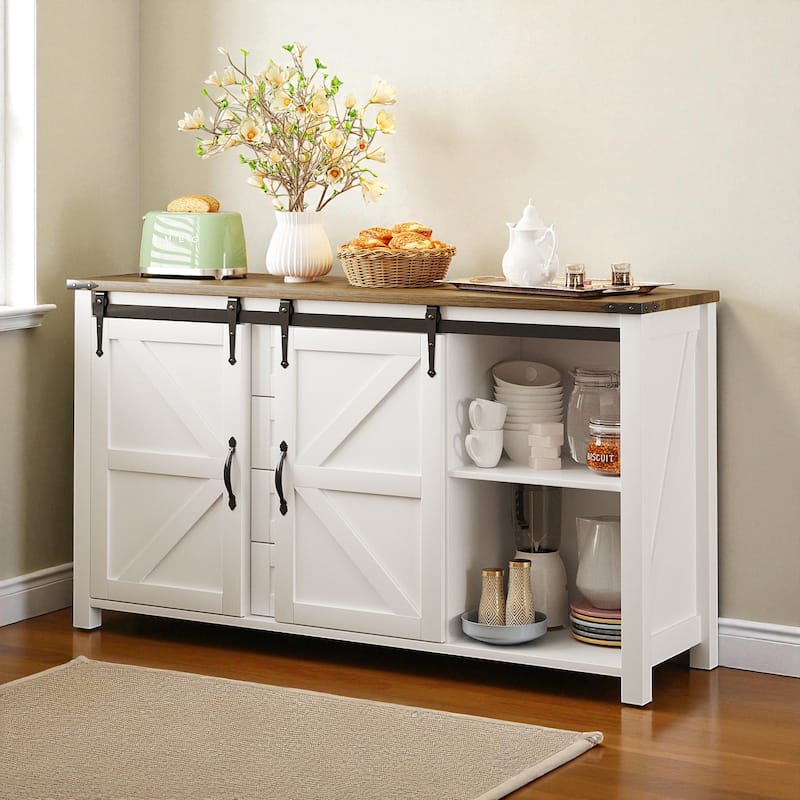 55.1-Inch Farmhouse Sideboard Buffet with Sliding Barn Doors, 4 Drawers & Power Outlet, Wood Storage Cabinet