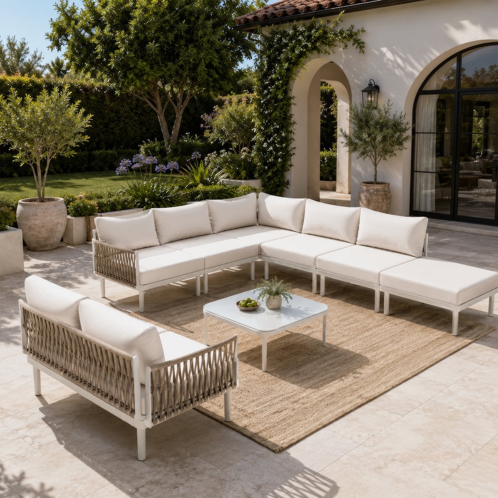 Outdoor Aluminum Cushioned Sectional Sofa Set PE Rattan Sofa Patio Conversation Set, Free Combination