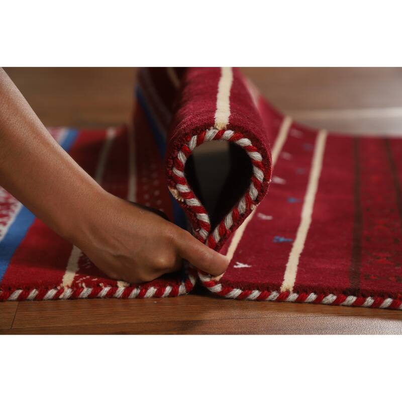 Striped Red Gabbeh Indian Runner Rug Hand-Knotted Wool Carpet - 2'7" x 7'8"