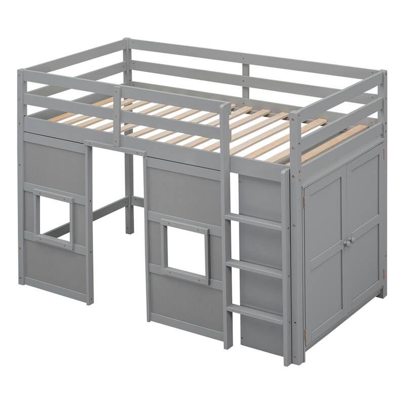 Twin Size Wood Loft Bed with Built-in Storage Wardrobe and Guardrails
