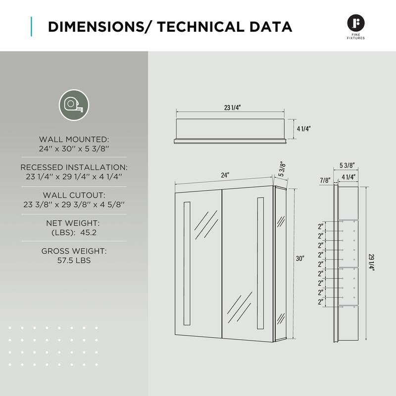 Bathroom Medicine Cabinet, Aluminum, Recessed/Surface Mount, Mirrored Interior w/LED