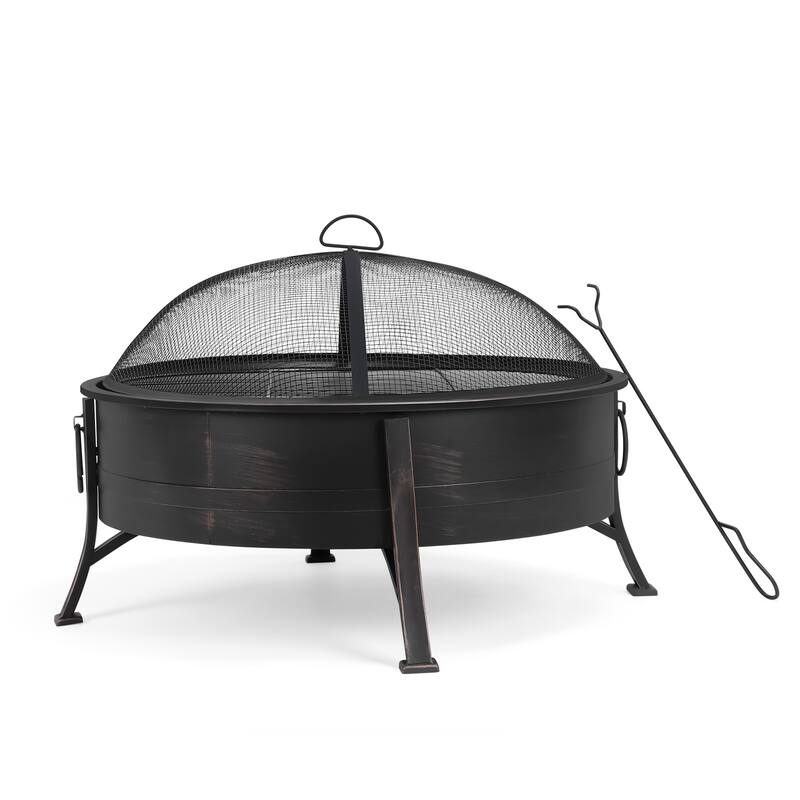 30 in Fire Pit for Outside Wood Burning with Spark Screen Cover - Black