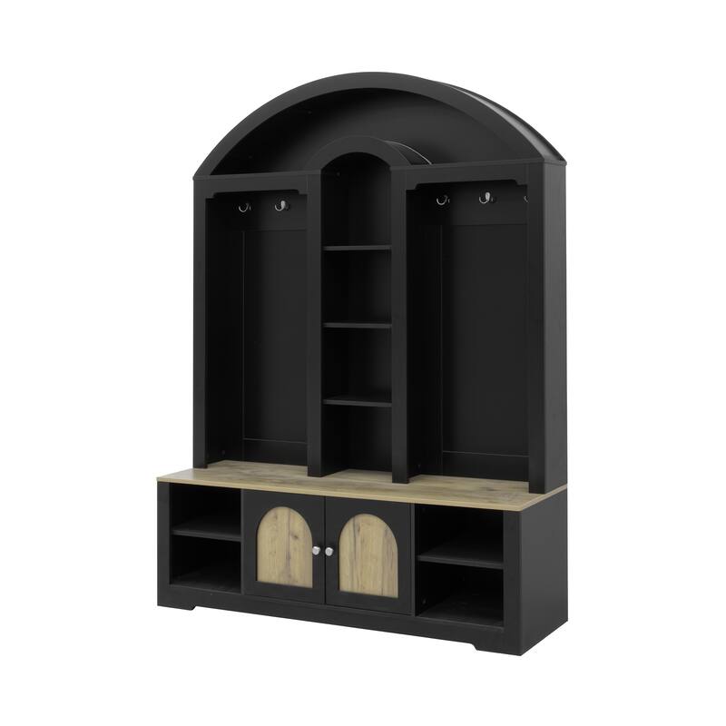 Hall Tree with Bench and Shoe Storage, Wood Entryway Bench with Coat Rack, Coat Hooks, Narrow Tall Storage Cabinet with Shelf