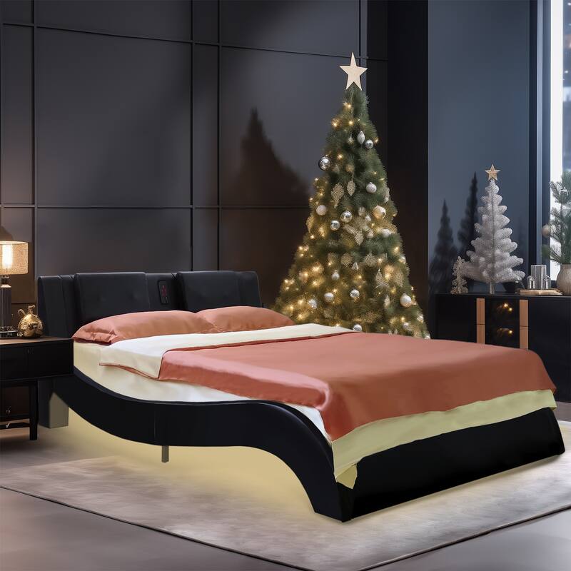 Queen Size Faux Leather Upholstered Platform Bed with led lighting - Black