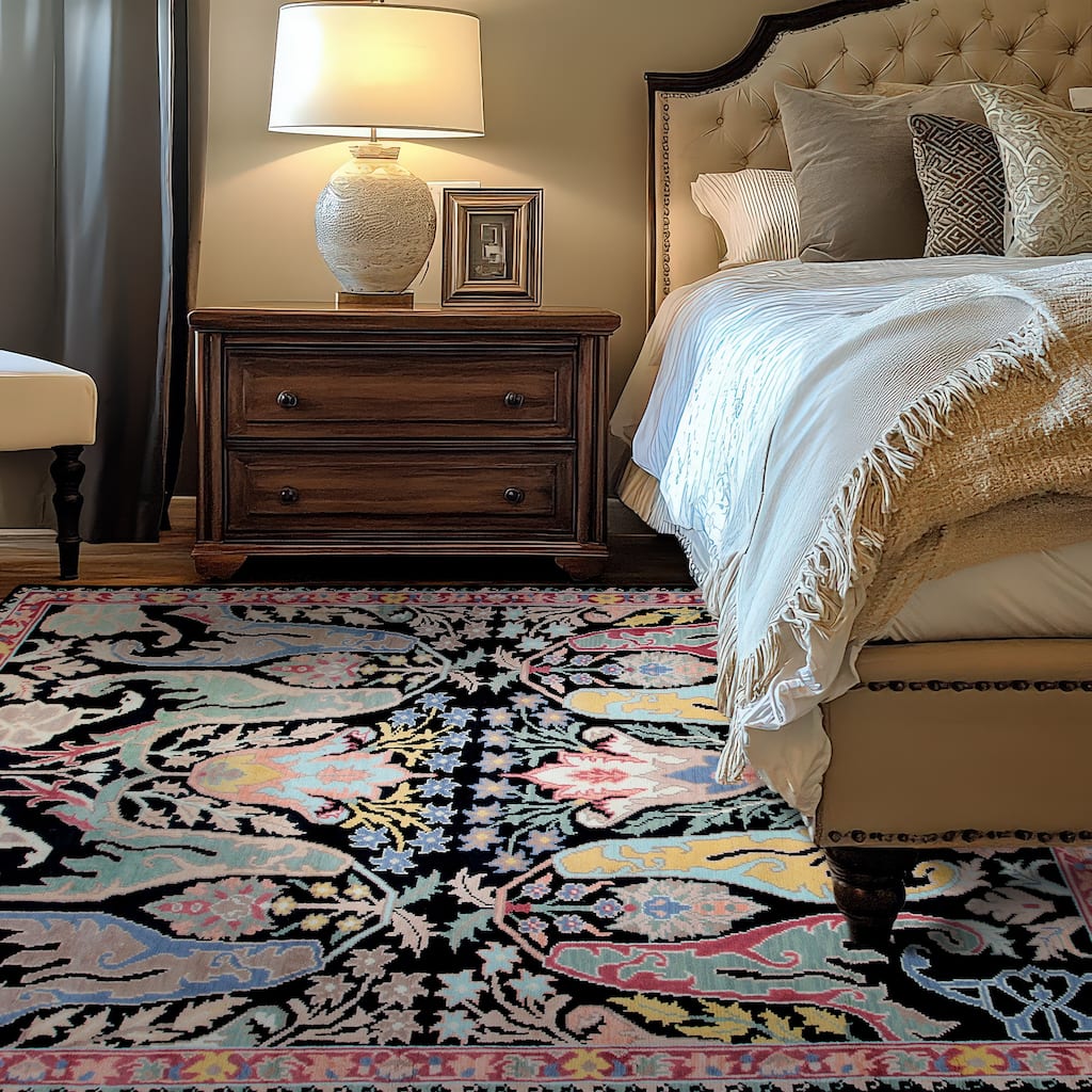 Home Decor Black Hand-Knotted Wool Floral Area Rug. Elegant and Timeless Rug for Living Room, Bedroom, Office, or Home Decor