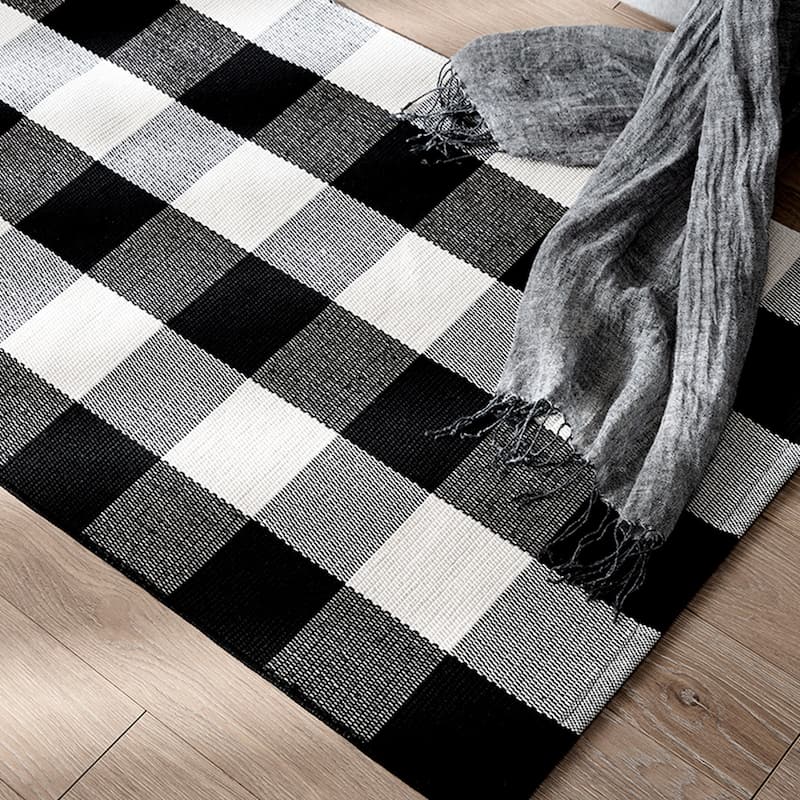 Buffalo Plaid Check Rug Door Mat Bath Runner Black White Check