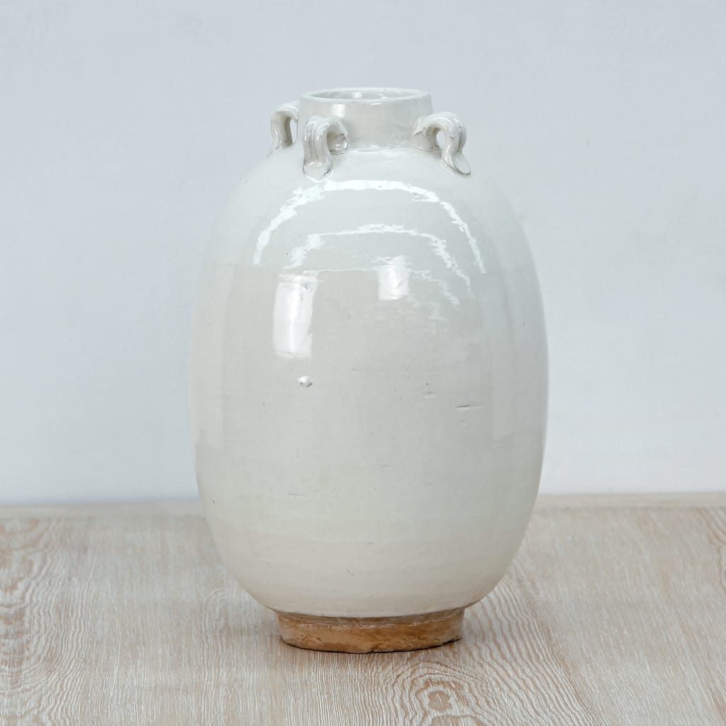 Artissance 12" Off White Ceramic Pot with Four Handles Unglazed Base