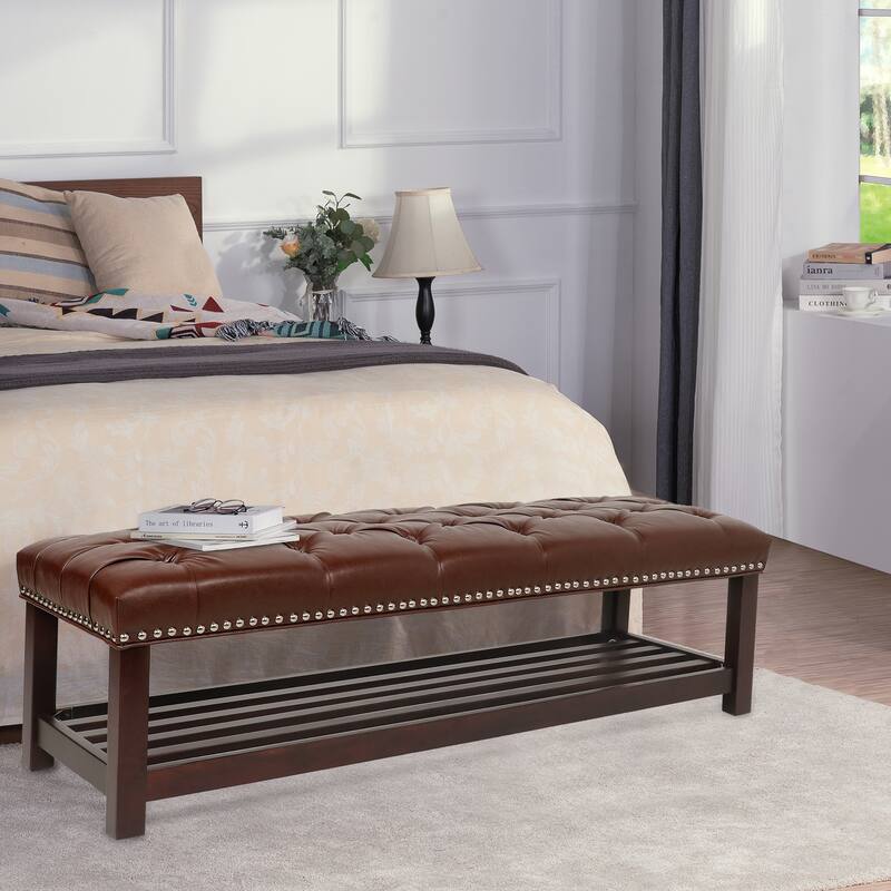 Bedroom End of Bed Bench Tufted Upholstered End of Bed Bench End of Bed Entrance Shoe Bench, 60" with Nailhead Trim and Shelf