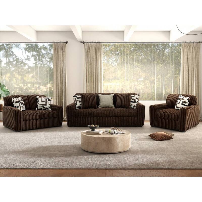 Roundhill Furniture Solenne 3-Piece Living Room Set, Oversized Sofa, Loveseat, and Chair and a Half - Brown