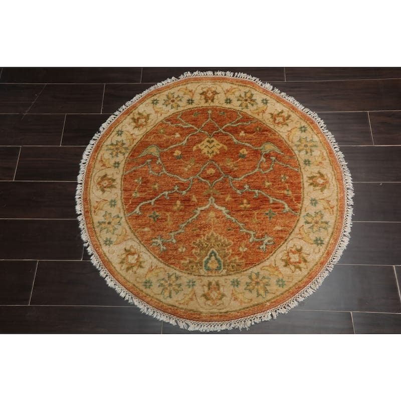 Agra Traditional Botanical Gold Wash Silky Sheen 3'1''x3'1'' Round Hand Knotted New Zealand Wool Burnt Orange Rug