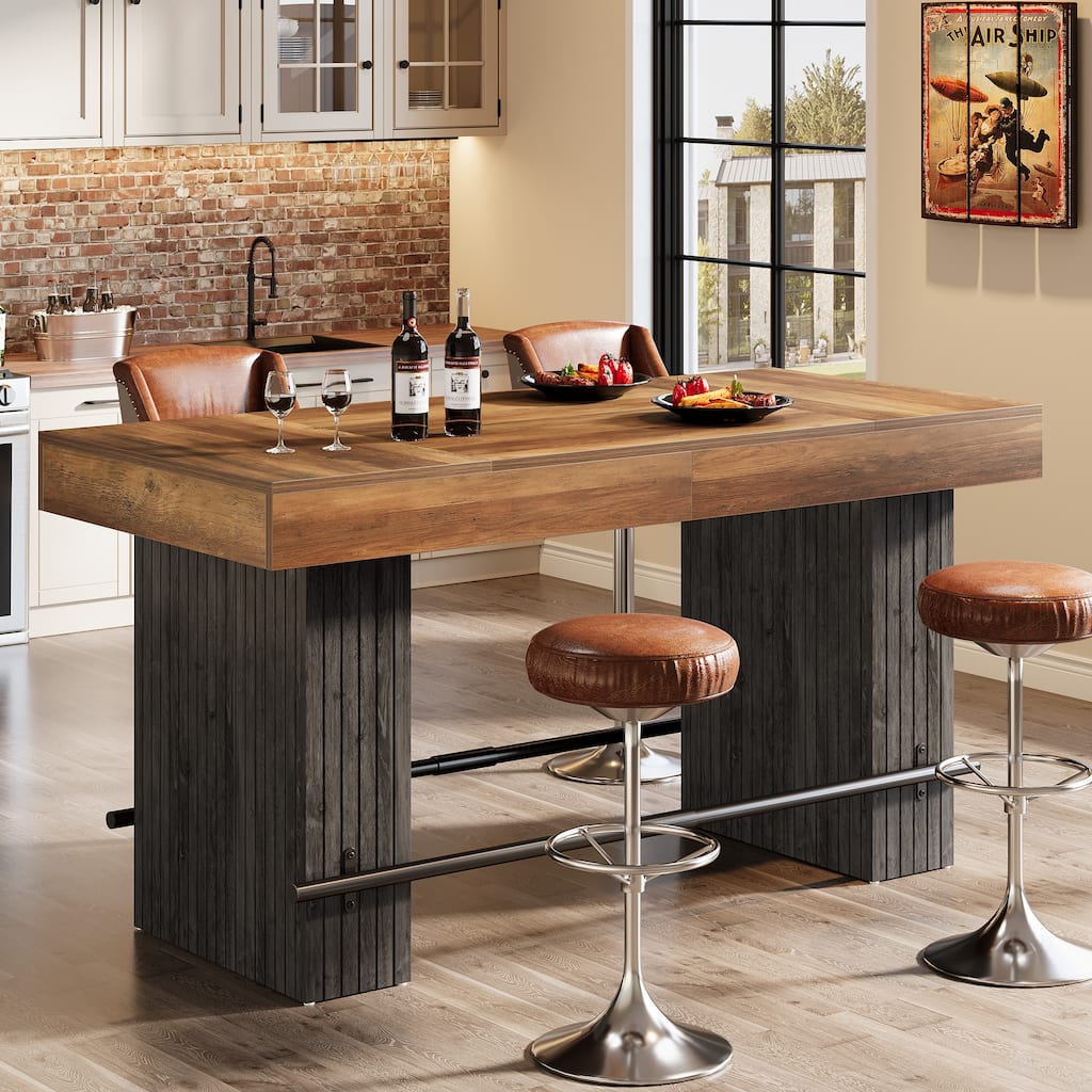 63-Inch Bar Table, Industrial Counter Height Pub Dining Table with Metal Footrest - Rustic Brown