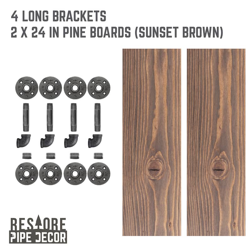 Restore Wood 24 in. Wall Shelf, L-Shape Steel Pipe Brackets, Set of 2