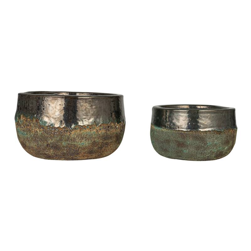 Textured Terra-cotta Planters, Set of 2 - 14.6"L x 14.6"W x 8.7"H