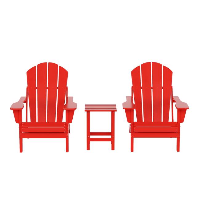 (2) Laguna Folding Adirondack Chairs and Side Table Set - Red