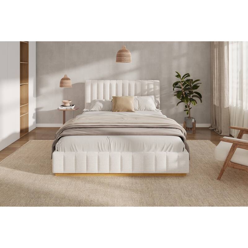 Upholstered Bed Frame Linen Fabric Platform Bed with 46''H Thick Headboard/Solid Wood Base/No Box Spring Needed/Noise Free/Beige