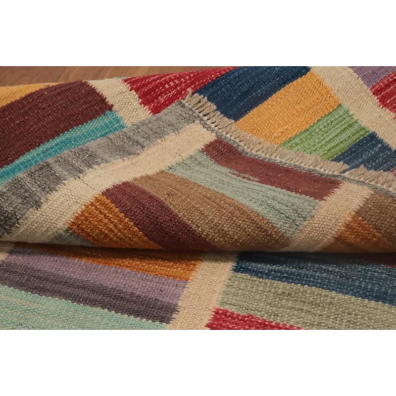 Hand Woven Oriental 100% Wool Carpet Southwestern Modern Multi-Colored Kilim Runner Rug - 8' 2'' X 2' 0''
