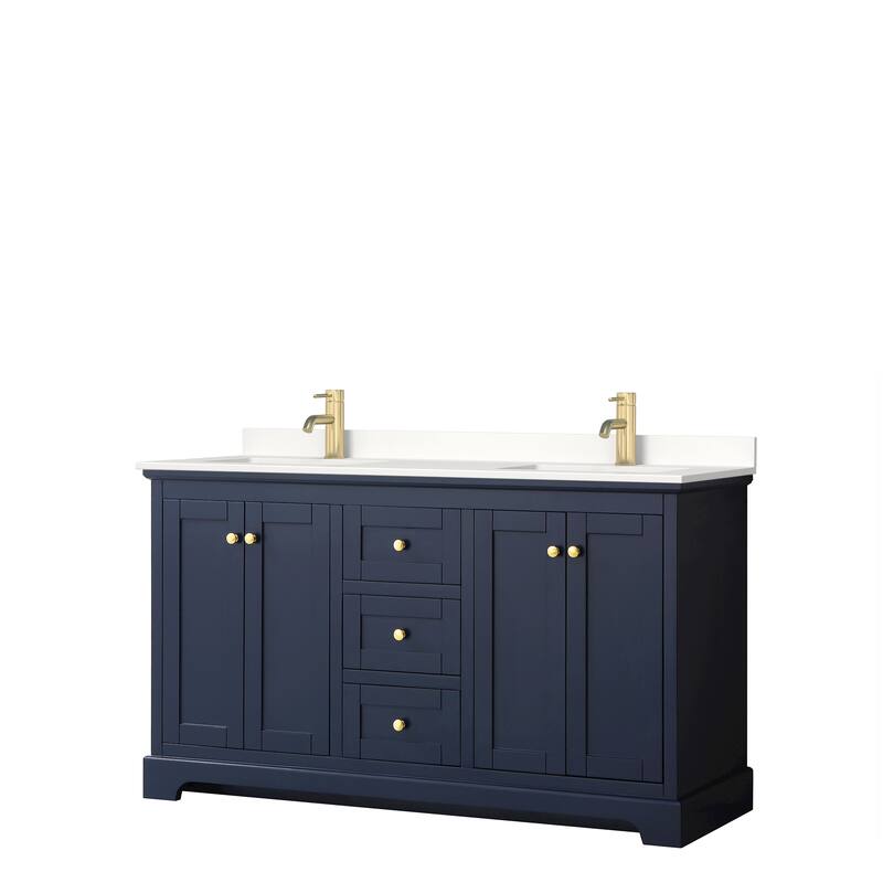 Avery 60-inch Double Vanity, Quartz Top - Dark Blue, Gold Trim, White Quartz Top