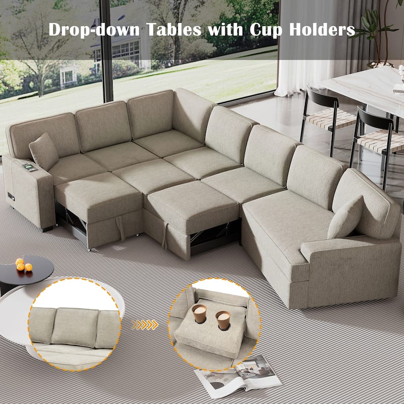 126" Chenille L-Shaped Sectional Sofa Bed with USB Charging
