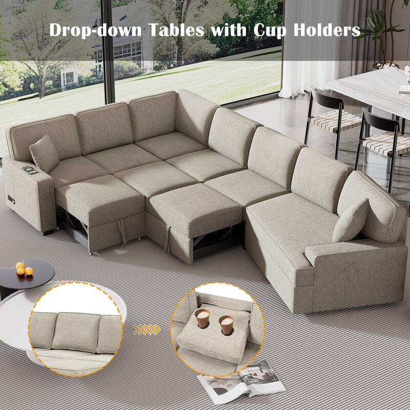 Modern 126" L-Shaped Sofa with Sleeper Bed, Cup Holders, and Power Outlets