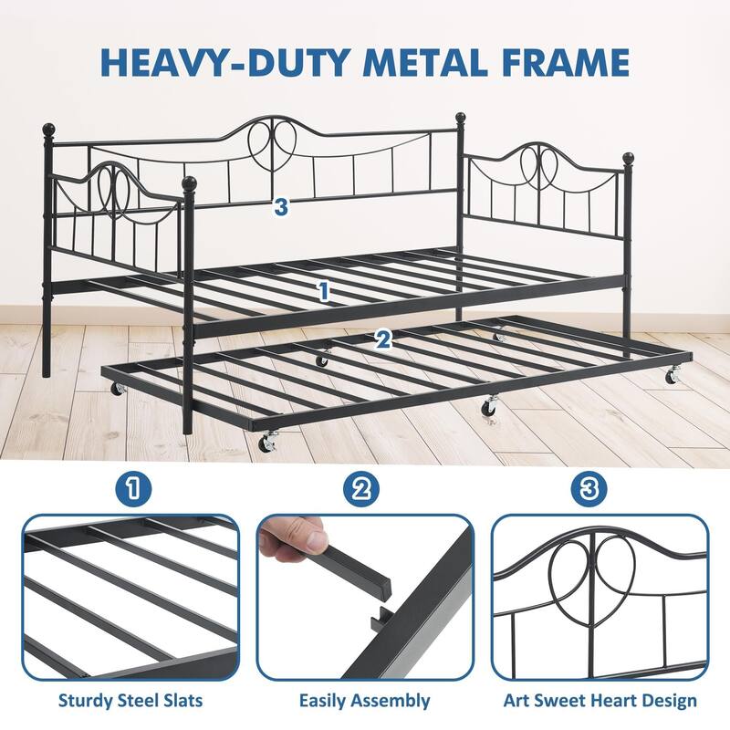 Daybed with Trundle Metal Guest Bed Frame Strong