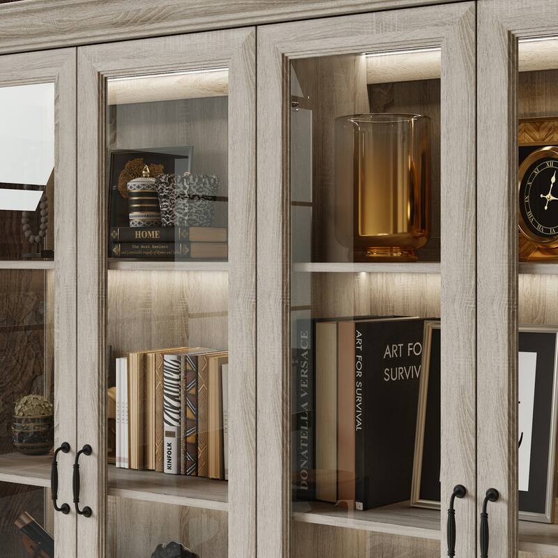 Glass Display Cabinet w/Light Tempered Glass Rustic Gray Oak Finish Bookshelvs Storage Cabinet