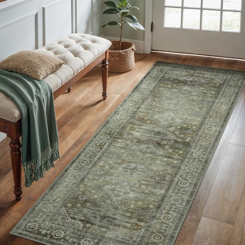 Mcow Sage Green Boho Pattern Ultra-Thin Low-Pile Washable Non-Slip Area Rug - 2' x 7' - Sage Green - Runner