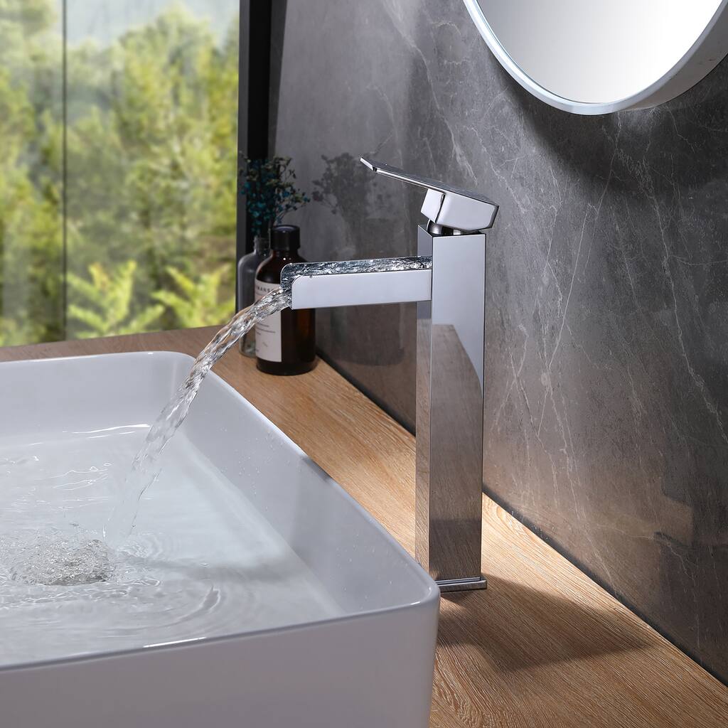 Single Handle Square Tall Waterfall Bathroom Sink Faucet