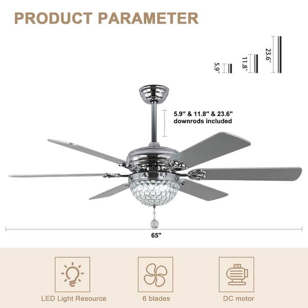 dimension image slide 0 of 4, Bella Depot 65" Modern Crystal Ceiling Fan 6-speed Reversible Ceiling fan with Remote and Light Kit