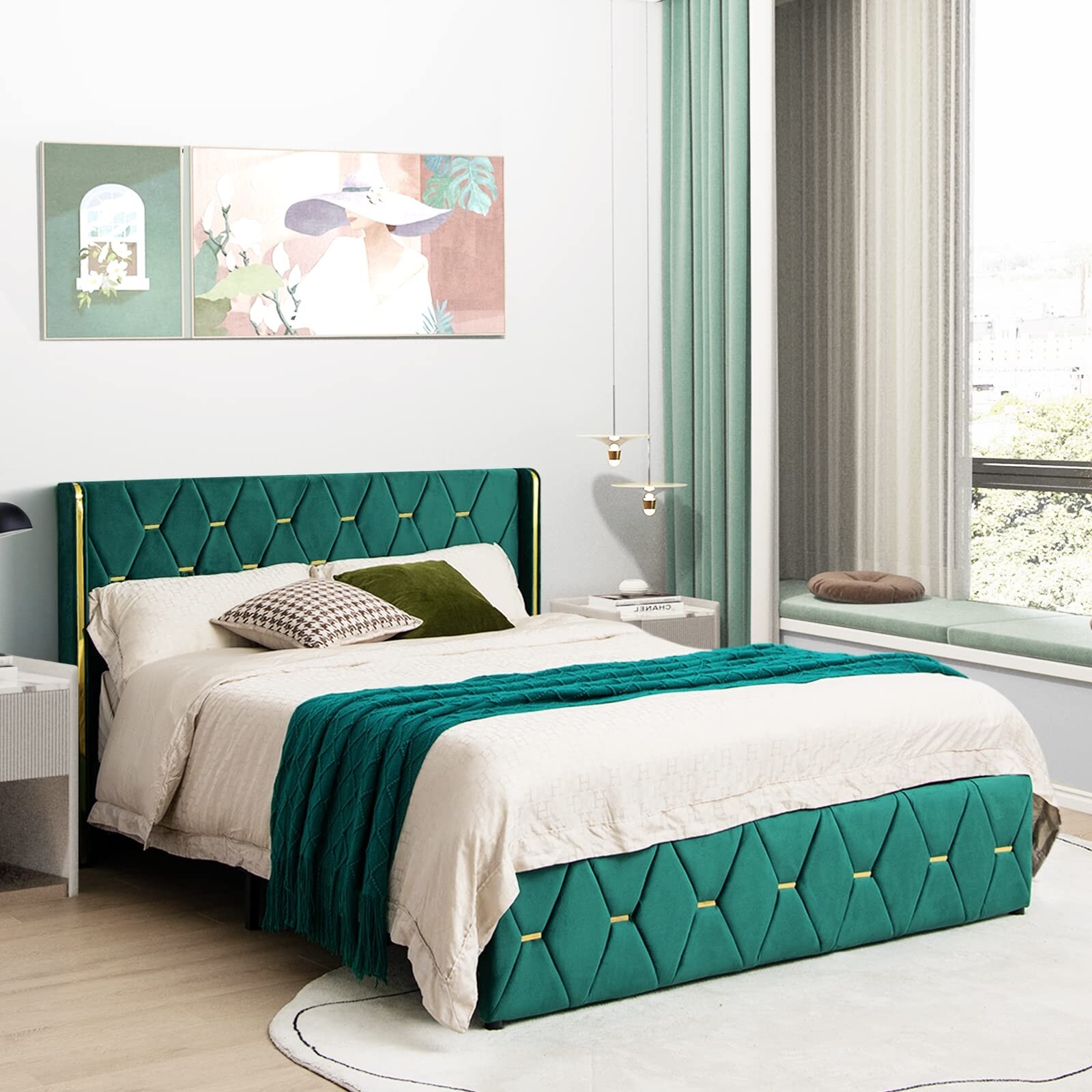 Upholstered Platform Bed Frame, Queen Size Bed with Adjustable