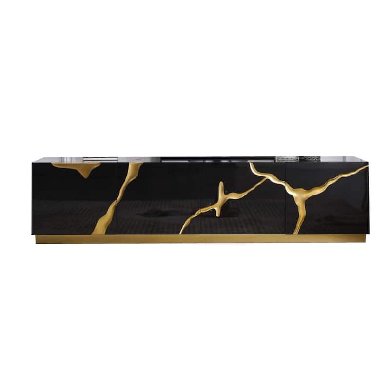 Cid Exie TV Stand Console, Modern Black with Gold Vein Design, 87 Inch
