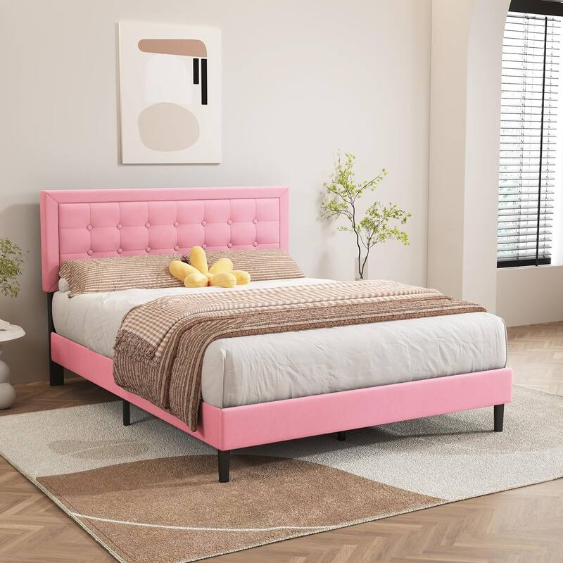 alazyhome Upholstered Platform Bed Frame with Button Tufting Headboard